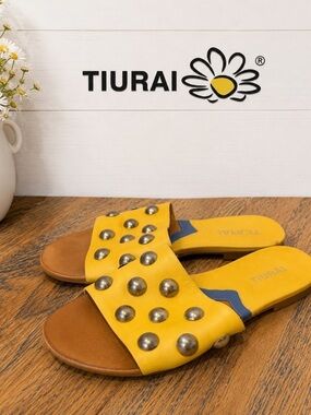 TIURAI Yellow Leather Studded Slide Sandals Size 39